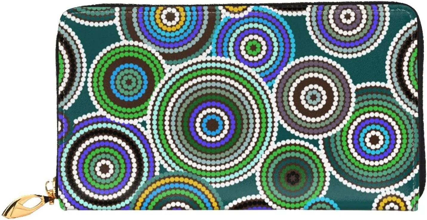 Aboriginal Art Pattern Men'S Women'S Leather Wallet Long Clutch Purse Small Wristlet Handbag Fashion Evening Bag