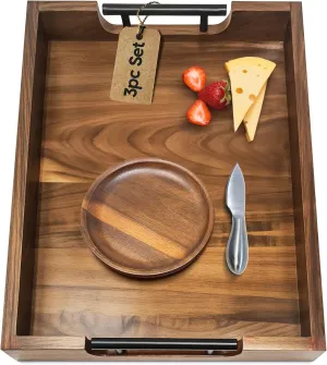 Acacia Wood Serving Tray with Handles – Premium Serving Set for Ottoman, Coffee Table, Bar, Decor, Multi-Use Wooden Tray for Food, Charcuterie, Home Organization, Durable Wood Construction, 17"x13"