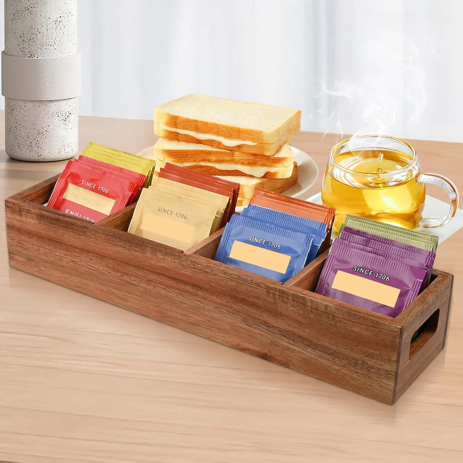 Acacia Wood Tea Bag Organizer with 4 Slots – Tea Bag Holder and Tea Organizer, Sugar Packet Storage for Countertops (2)