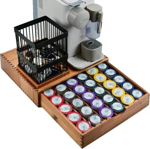 Acacia Wooden K Cup Holder for Counter with Adjustable Dividers - Coffee Pods & Tea Bag Organizer, Fits 30  coffee pods Or 100  Tea Bags, Kcup Drawer Organizer Under Brewer, Coffee Station Storage