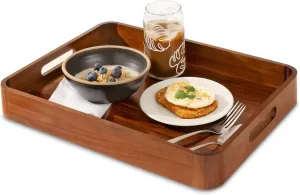 Acacia Wooden Serving Trays with Handles for Eating, Appetizers, Food, Snacks, or Home Decor, Large Wood Bed Tray or TV Tray, Decorative Ottoman or Coffee Table Accessory, 17x13 inch, Set of 1