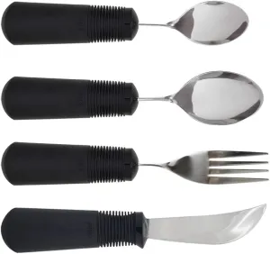 Adaptive Utensils. Norco Big Grips 4-Piece Weighted Utensil Set - 6 oz. Rocker Knife, Bendable Fork and (2) Spoons. Built Up Handle. Helps Parkinson’s, Spasticity, Arthritis and Limited Hand Control.