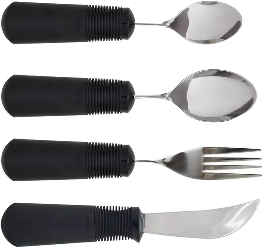 Adaptive Utensils. Norco Big Grips 4-Piece Weighted Utensil Set - 6 oz. Rocker Knife, Bendable Fork and (2) Spoons. Built Up Handle. Helps Parkinson’s, Spasticity, Arthritis and Limited Hand Control.