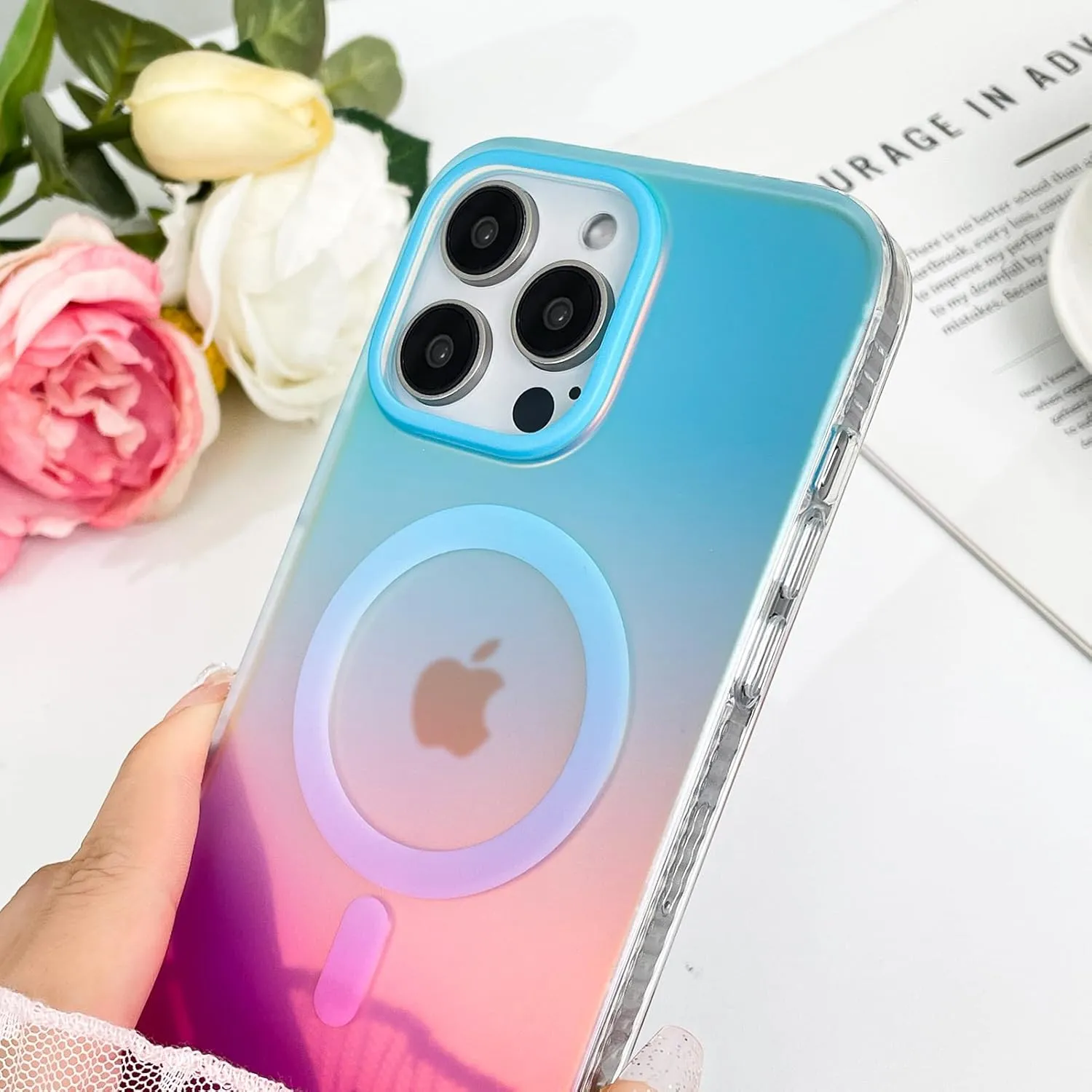 Aesthetic Case for iPhone 14 Pro Case for Women Girls, Compatible with Magsafe, Cute Girly Trendy Glitter Sparkly Rainbow Magnetic Protective Phone Cover, Matte Iridescent Blue & Pink