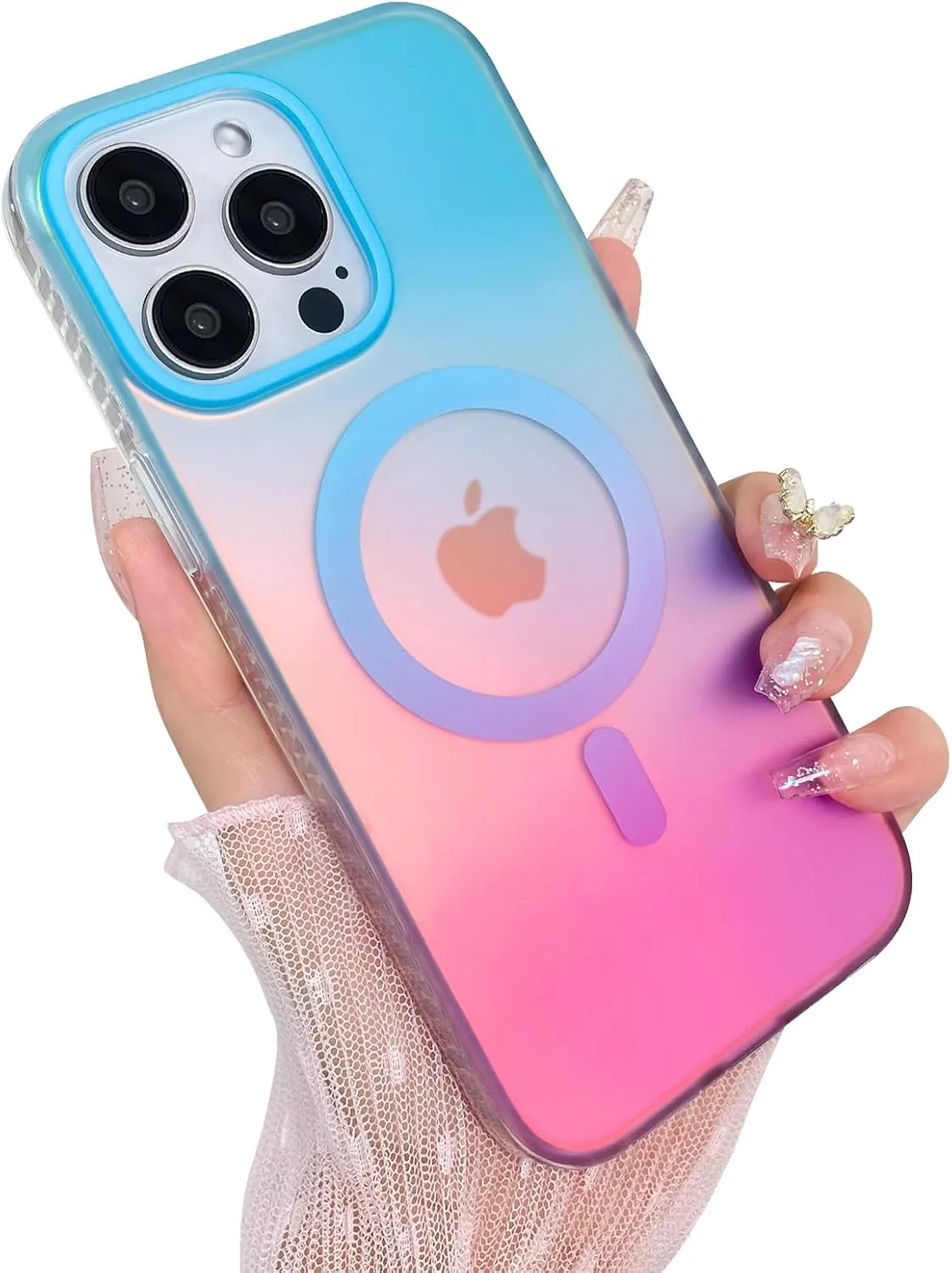 Aesthetic Case for iPhone 14 Pro Case for Women Girls, Compatible with Magsafe, Cute Girly Trendy Glitter Sparkly Rainbow Magnetic Protective Phone Cover, Matte Iridescent Blue & Pink