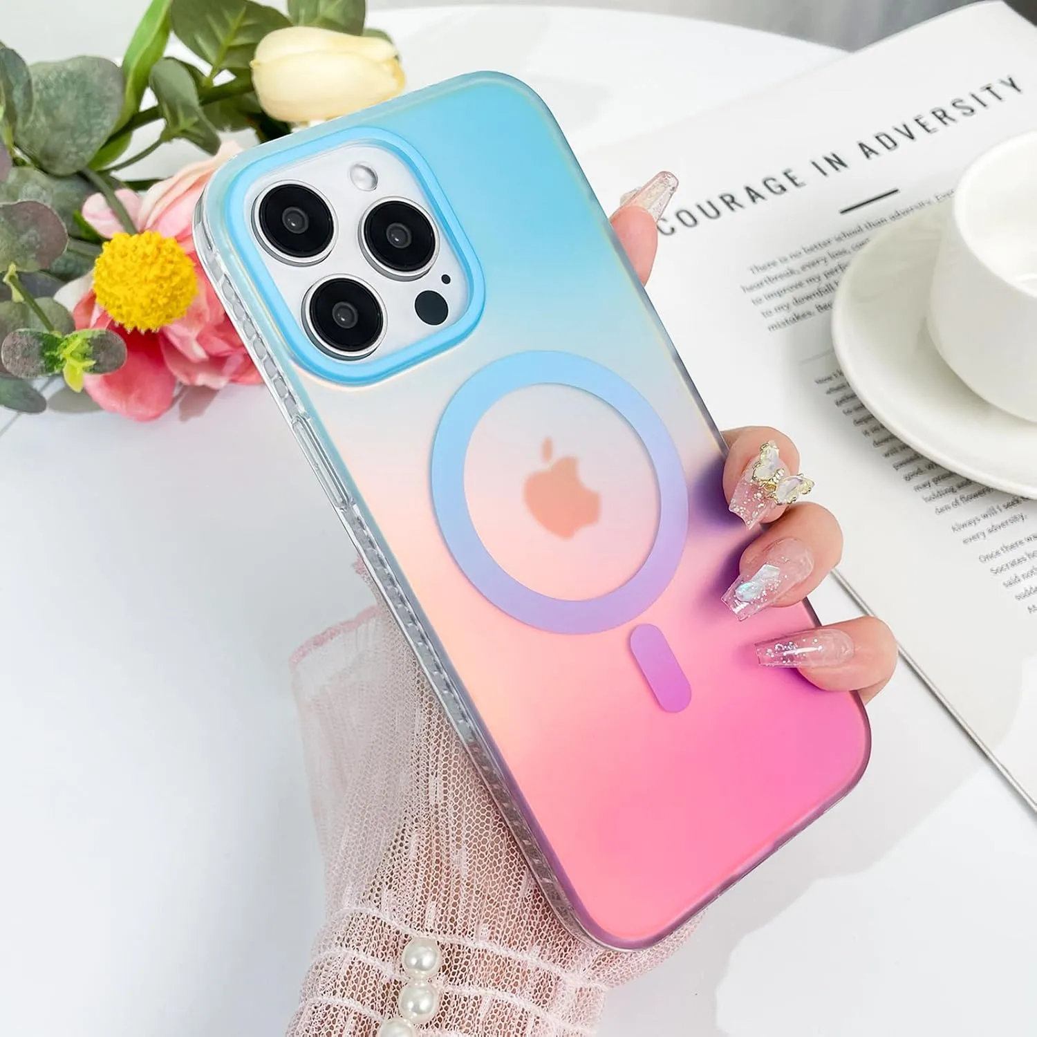 Aesthetic Case for iPhone 14 Pro Case for Women Girls, Compatible with Magsafe, Cute Girly Trendy Glitter Sparkly Rainbow Magnetic Protective Phone Cover, Matte Iridescent Blue & Pink