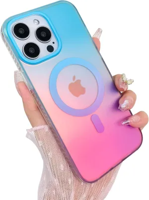 Aesthetic Case for iPhone 14 Pro Case for Women Girls, Compatible with Magsafe, Cute Girly Trendy Glitter Sparkly Rainbow Magnetic Protective Phone Cover, Matte Iridescent Blue & Pink