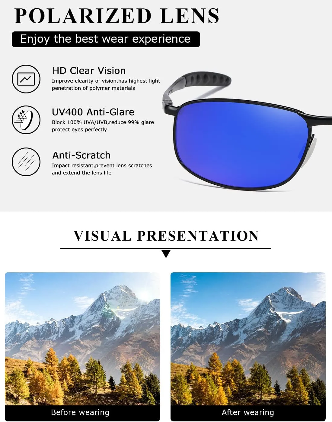 AEVOGUE Polarized Sunglasses For Men Rectangle Metal Frame Retro Sun Glasses AE0395