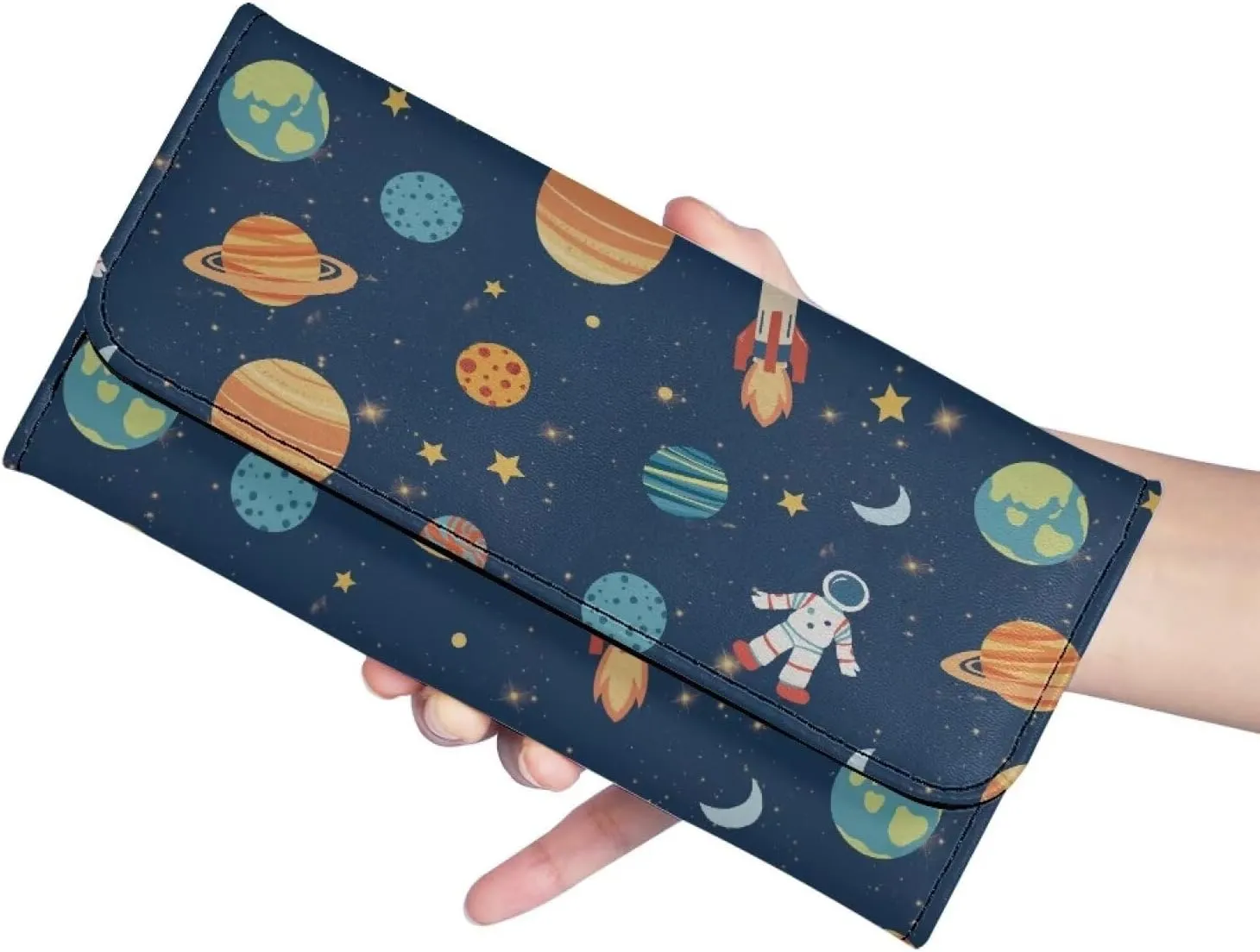 AFPANQZ Astronsut Print Leather Wallets for Women RFID Blocking Checkbook Wallet with Cit Card Slots Medium Portable Purses Cards Phone Coins Holder Travel Bag