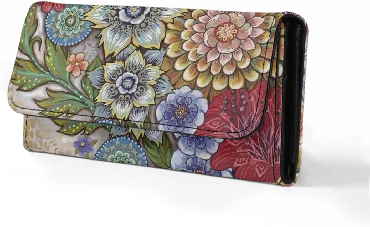 AFPANQZ Bright Boho Flower Wallet Womens Clutch Long Wallets Leather Trifold Long Wallet Card Holder Slots Wallet Leather Long Wallet Ladies Travel Purses with Phone Holder Zip Coin Pocket