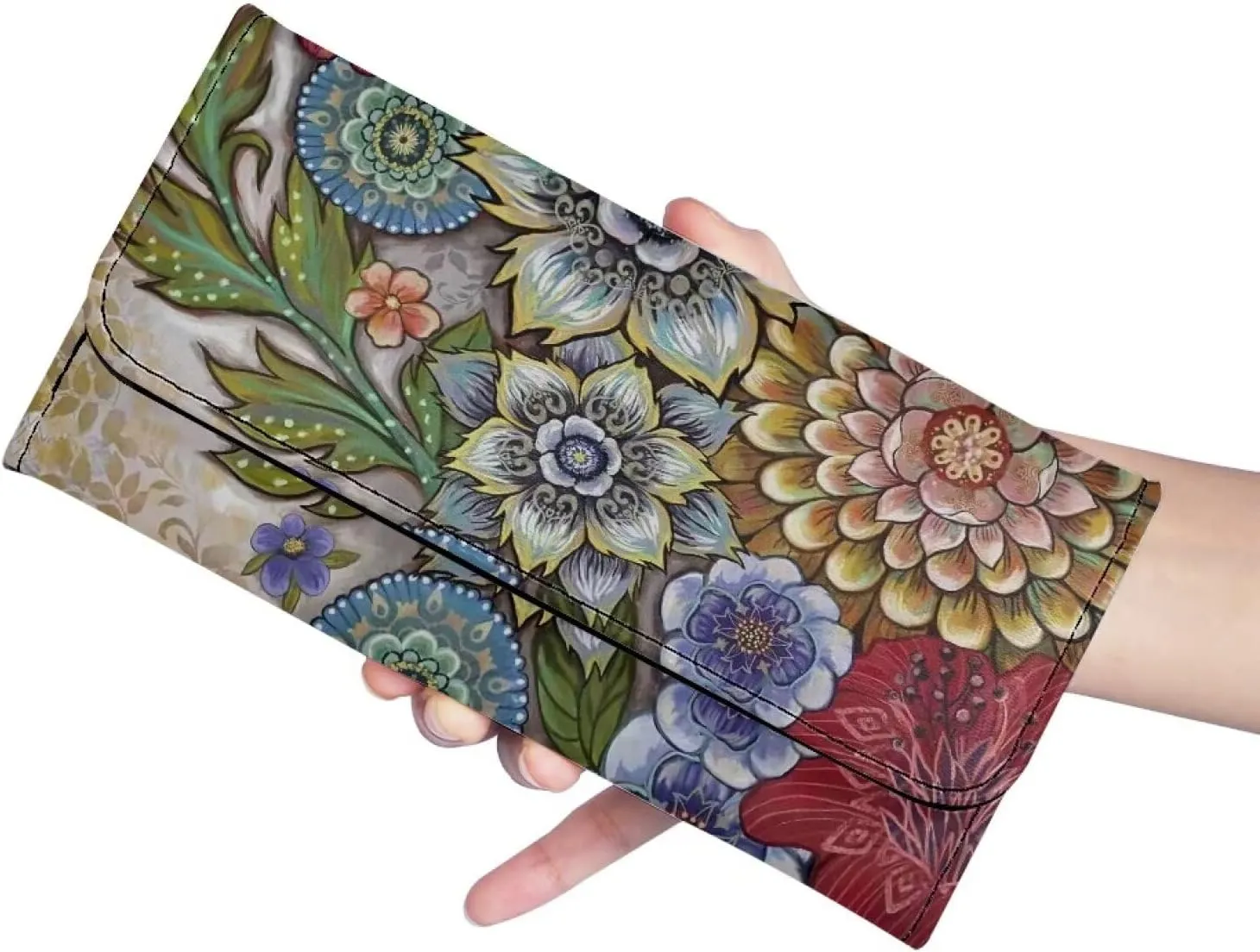 AFPANQZ Bright Boho Flower Wallet Womens Clutch Long Wallets Leather Trifold Long Wallet Card Holder Slots Wallet Leather Long Wallet Ladies Travel Purses with Phone Holder Zip Coin Pocket