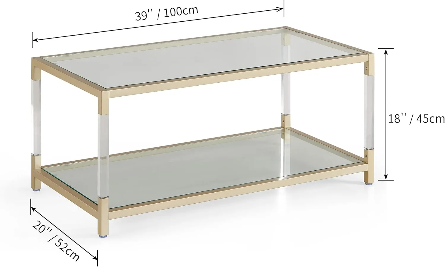 AGV LIGHTING 202205 BLEVIO Coffee Table, Modern Design Dual-Layer Coffee Table, Perfect for Living Space, Ultra-Clear Glass Top, Transparent Acrylic Leg & Gold Finish Metal Frame
