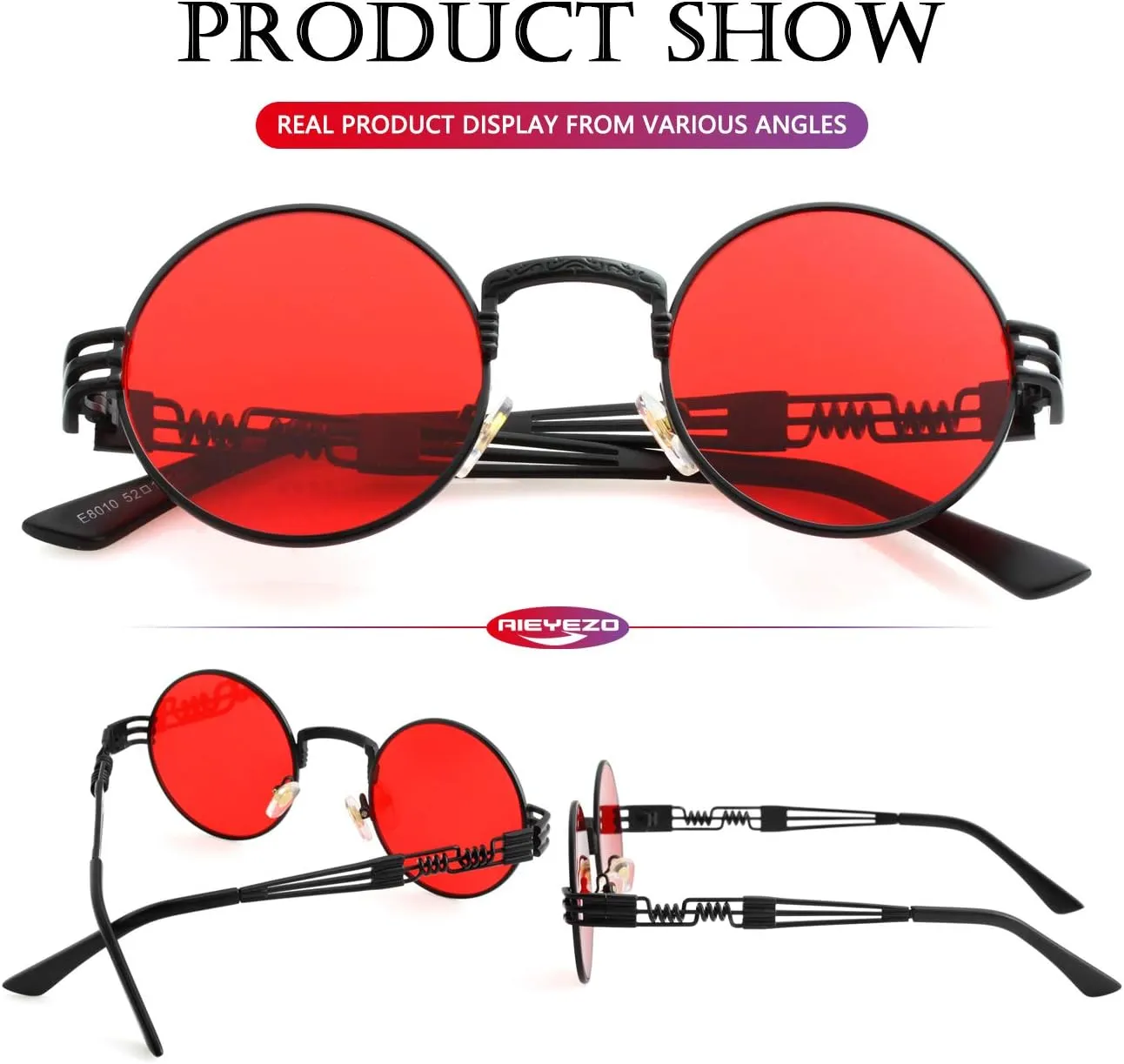 AIEYEZO Round Steampunk Sunglasses Circle Lennon Hippie Glasses Metal Frame 100% UV Blocking Lens