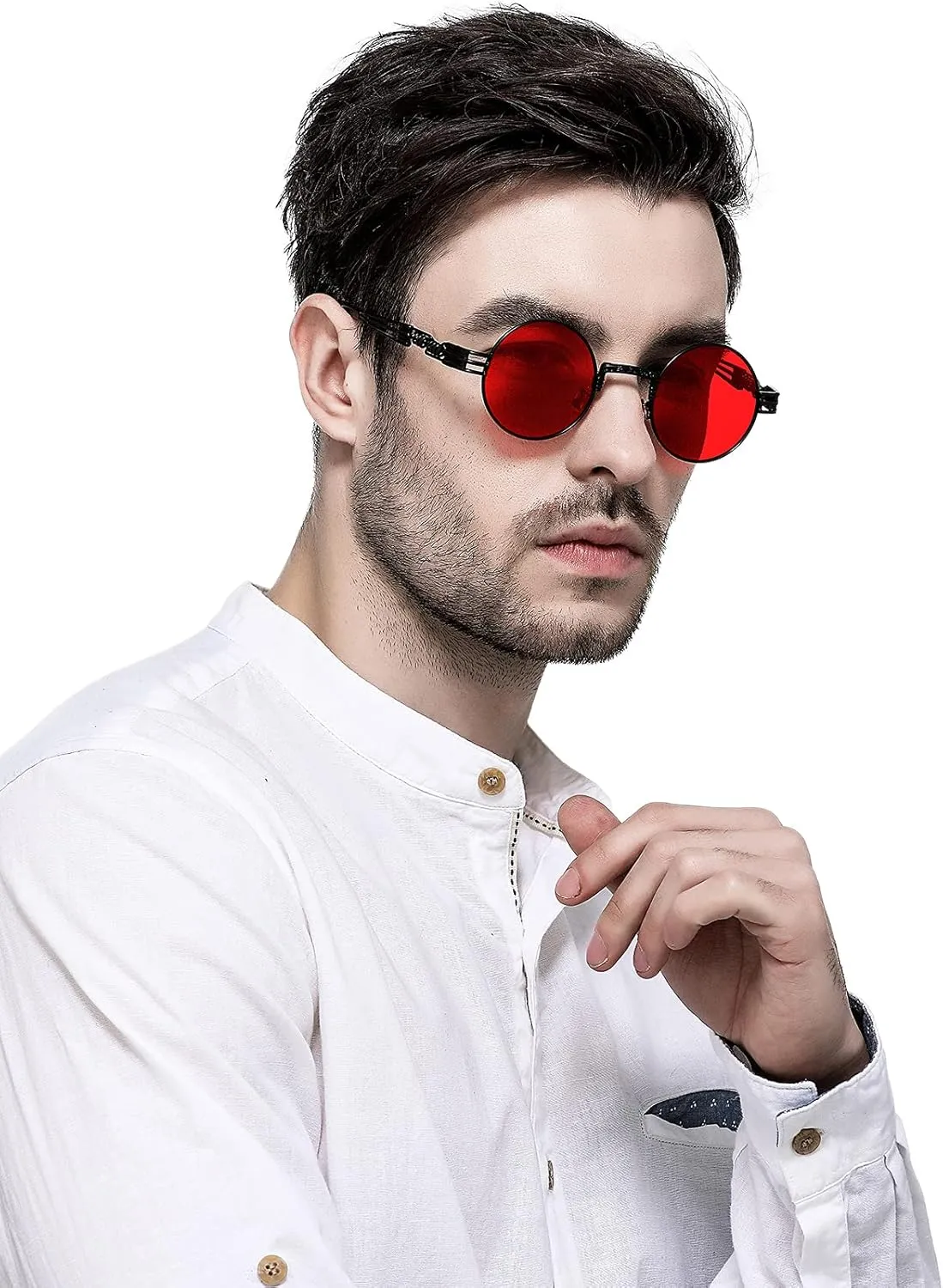 AIEYEZO Round Steampunk Sunglasses Circle Lennon Hippie Glasses Metal Frame 100% UV Blocking Lens