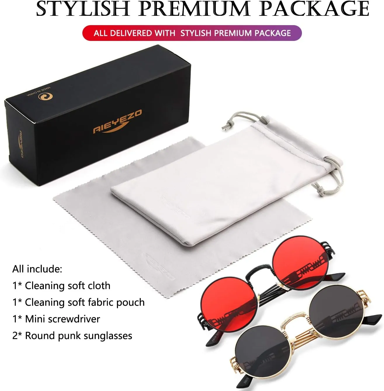 AIEYEZO Round Steampunk Sunglasses Circle Lennon Hippie Glasses Metal Frame 100% UV Blocking Lens