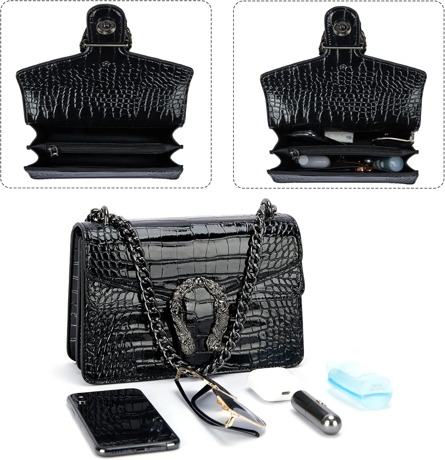 Aiqudou Crossbody Bag and Satchel Purse for Women - Fashion Snake Print Chain Purse Luxury PU Leather HandBag