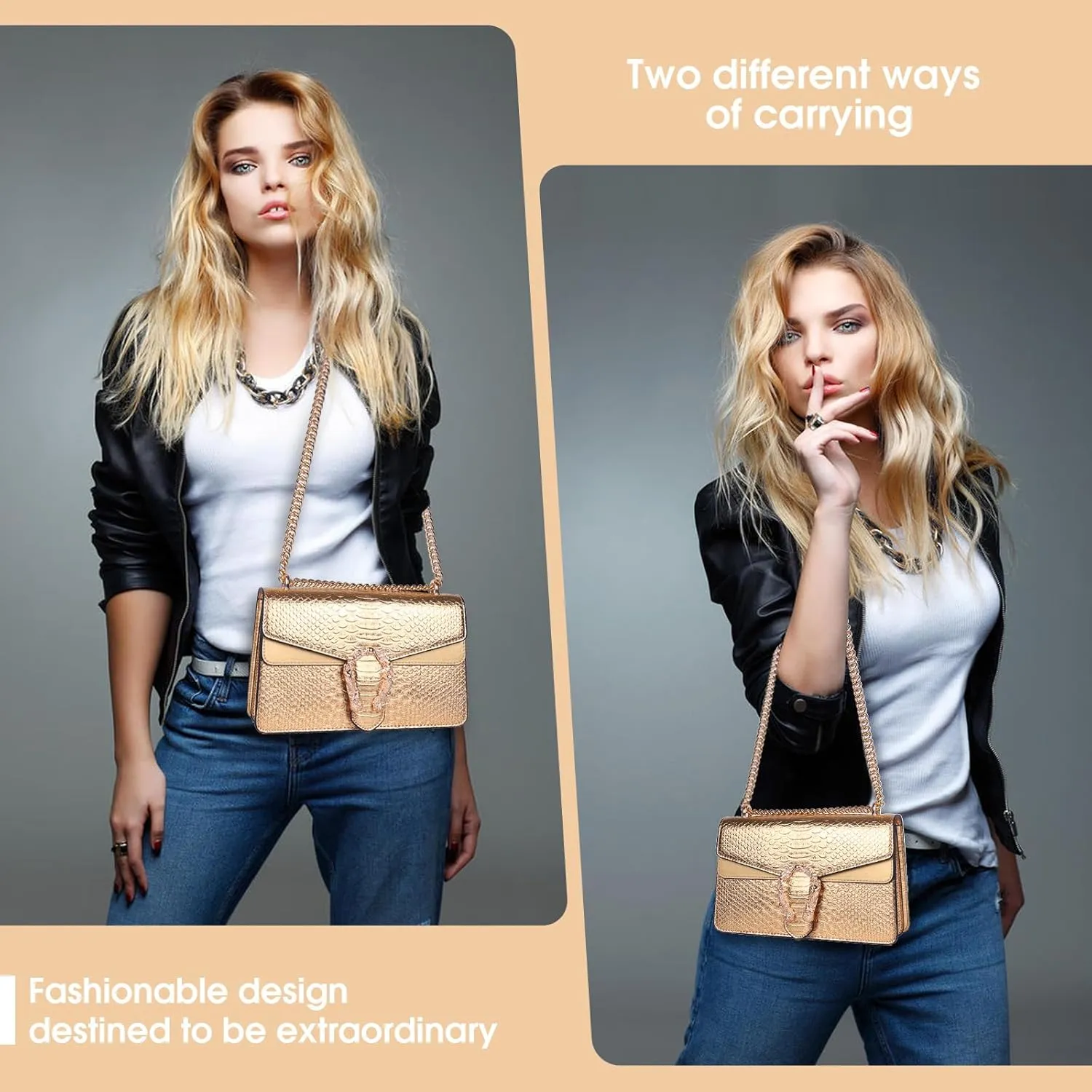 Aiqudou Crossbody Bag and Satchel Purse for Women - Fashion Snake Print Chain Purse Luxury PU Leather HandBag