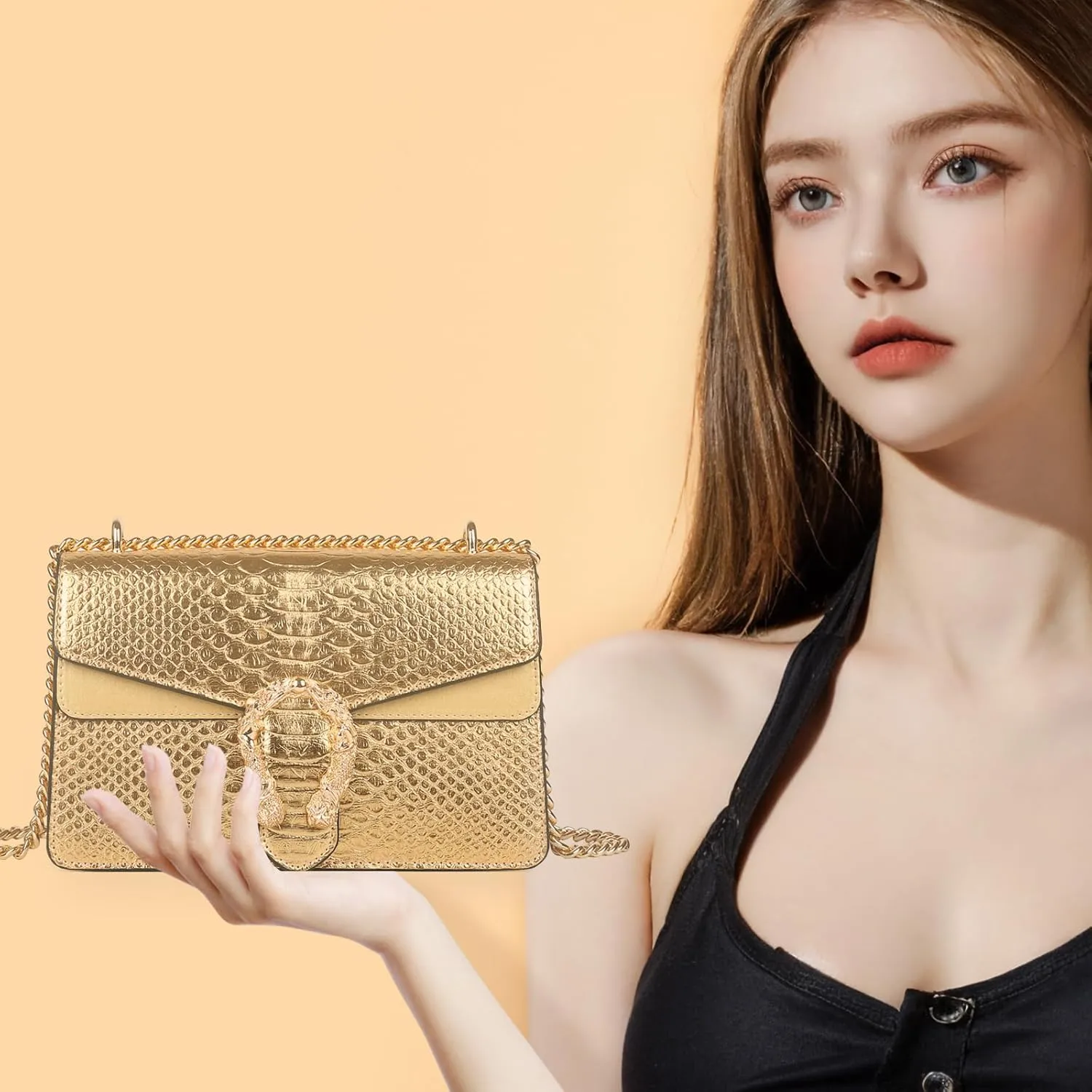 Aiqudou Crossbody Bag and Satchel Purse for Women - Fashion Snake Print Chain Purse Luxury PU Leather HandBag