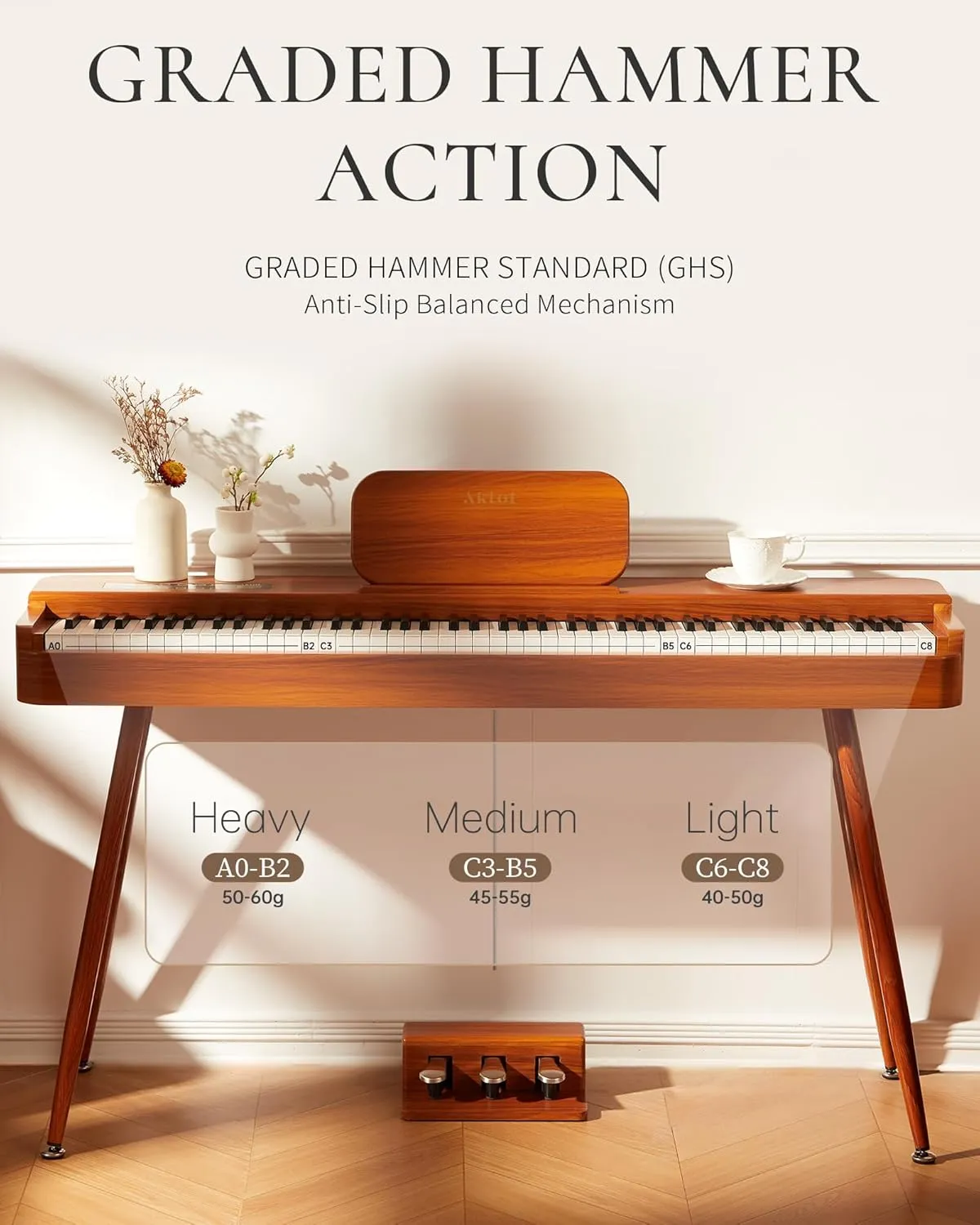 AKLOT Touchscreen Weighted Keyboard Piano: 88-Key Graded Hammer Action Digital Piano, Handcrafted Round-Edged Design, Triple Pedal, Stand, USB-MIDI, Headphone, Beginner Lesson Book (AUR-LS01 Natural)