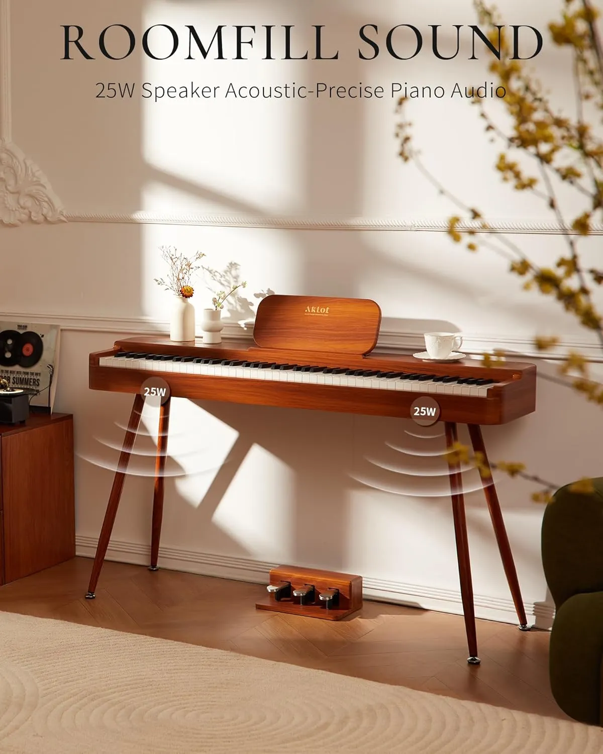 AKLOT Touchscreen Weighted Keyboard Piano: 88-Key Graded Hammer Action Digital Piano, Handcrafted Round-Edged Design, Triple Pedal, Stand, USB-MIDI, Headphone, Beginner Lesson Book (AUR-LS01 Natural)