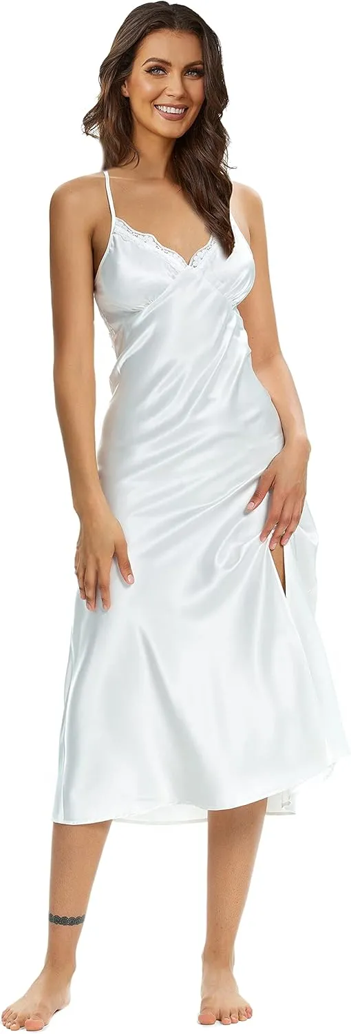 ALCEA ROSEA Women Silk Satin Nightgown Sexy Lace Chemise Lingerie Long Sleepdress for Ladies Sleepwear Slip Negligee