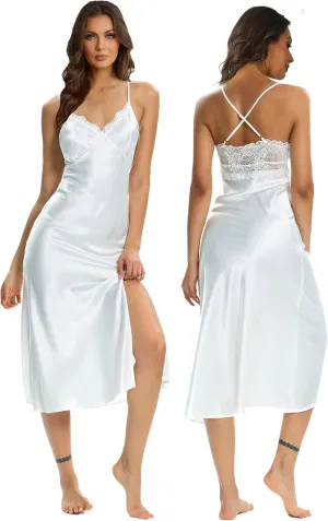 ALCEA ROSEA Women Silk Satin Nightgown Sexy Lace Chemise Lingerie Long Sleepdress for Ladies Sleepwear Slip Negligee