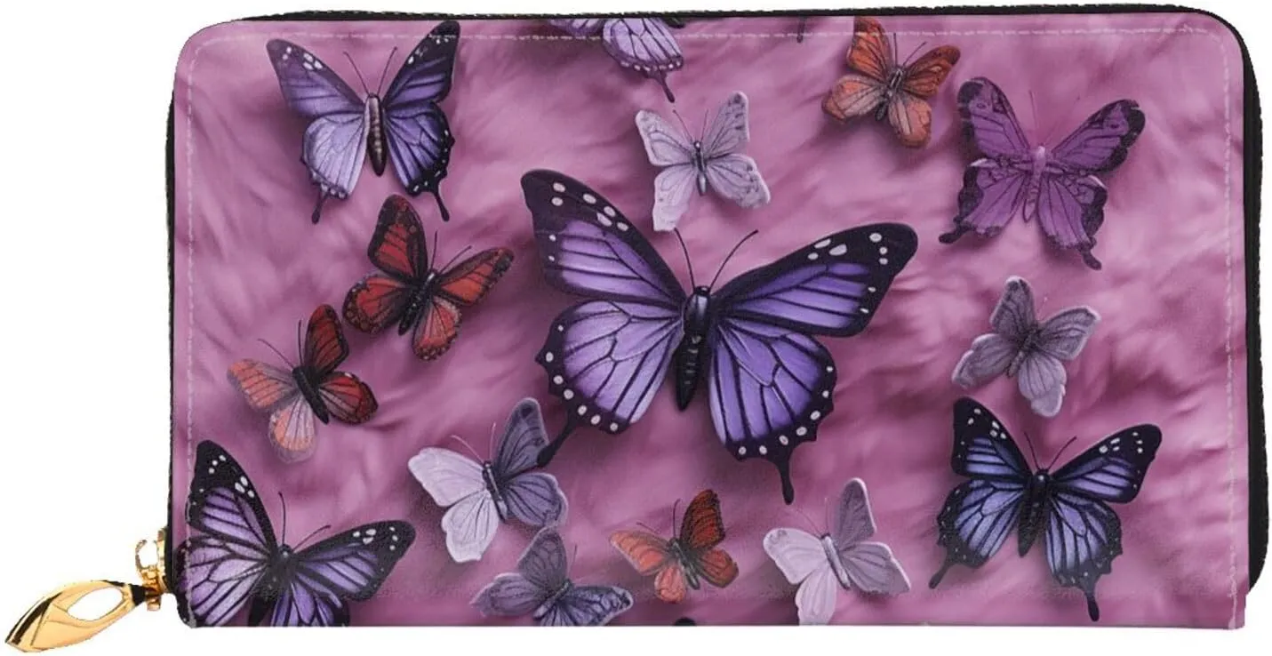 All Butterflies Are On Purple Background Leather Wallets For Women Waterproof Zip Around Clutch Purses Large Credit Card Holder With Phone Holder Ladies Travel Coin Purse