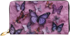 All Butterflies Are On Purple Background Leather Wallets For Women Waterproof Zip Around Clutch Purses Large Credit Card Holder With Phone Holder Ladies Travel Coin Purse