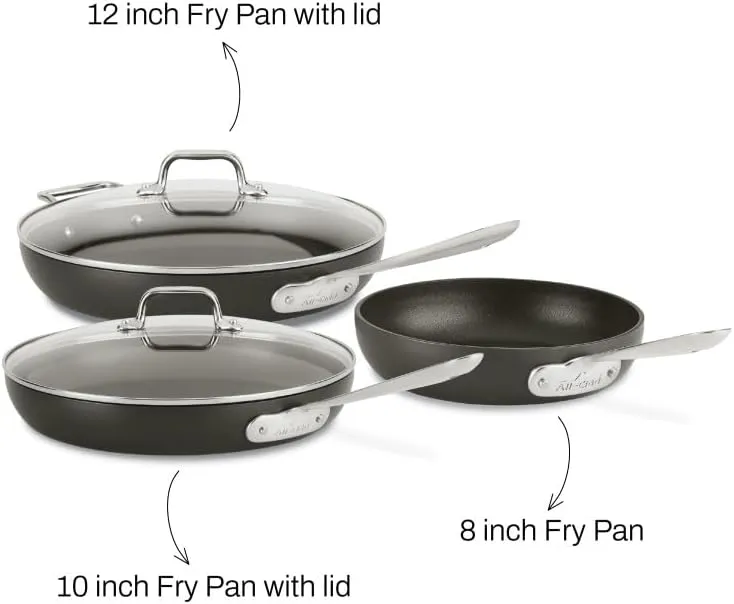 All-Clad HA1 Hard Anodized Nonstick Fry Pan Set – 3-Piece Cookware, 8", 10", 12" Skillets with Lid, Induction Compatible, Oven Safe to 500°F, Lid Safe to 350°F, Black