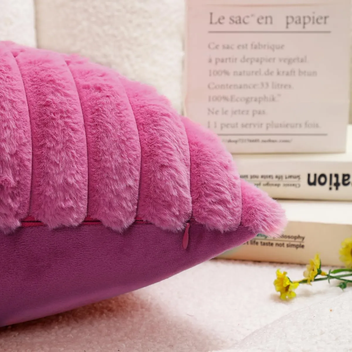 All Smiles Couch Decorative Throw Pillow Covers 18x18 Set of 2 Faux Fur Plush Soft Fluffy Velvet Cushion Case Cozy Fuzzy Striped Pillowcase Home Decor for Bed Sofa Living Room, Hot Pink