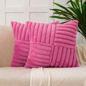 All Smiles Couch Decorative Throw Pillow Covers 18x18 Set of 2 Faux Fur Plush Soft Fluffy Velvet Cushion Case Cozy Fuzzy Striped Pillowcase Home Decor for Bed Sofa Living Room, Hot Pink
