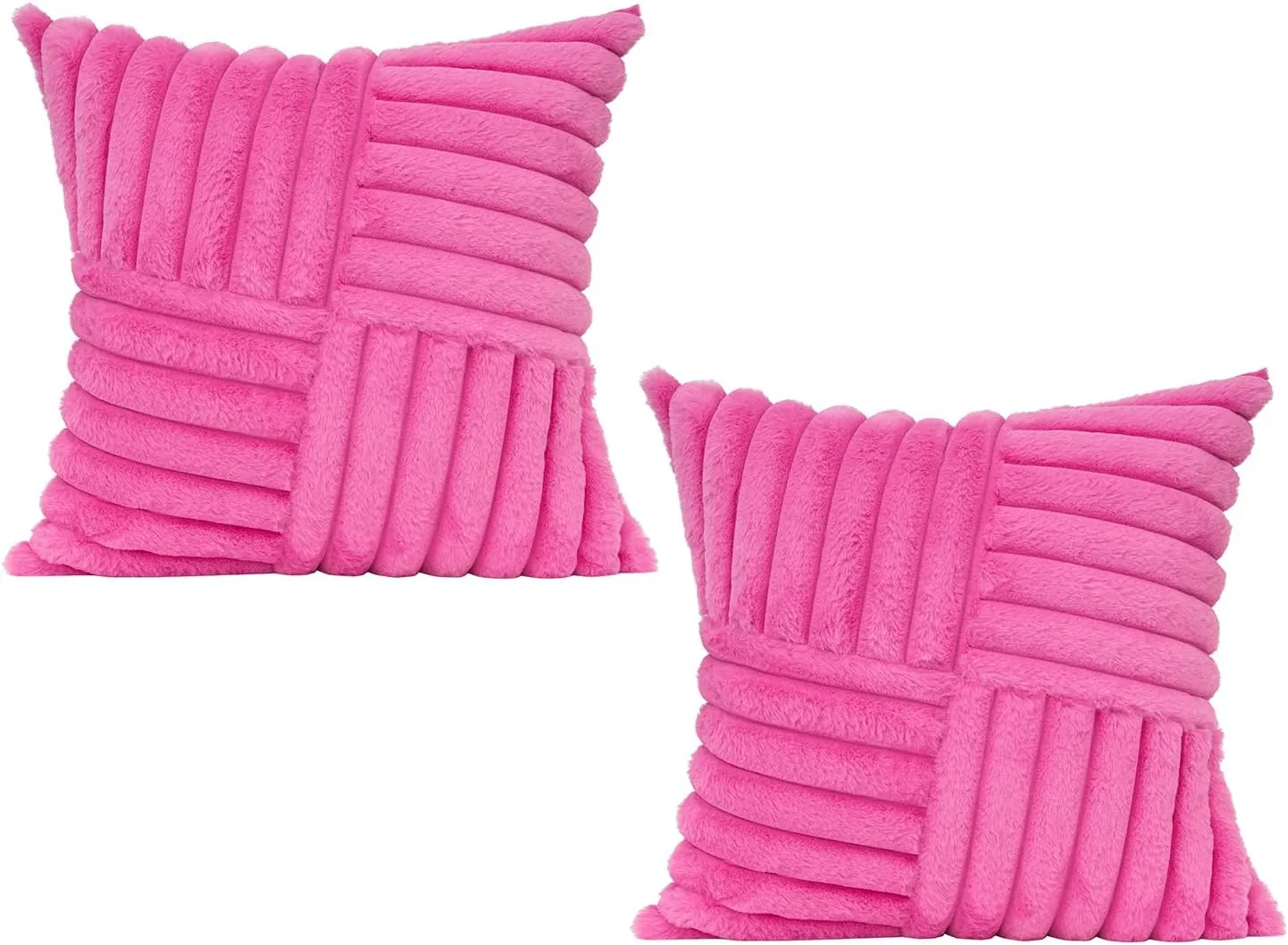 All Smiles Couch Decorative Throw Pillow Covers 18x18 Set of 2 Faux Fur Plush Soft Fluffy Velvet Cushion Case Cozy Fuzzy Striped Pillowcase Home Decor for Bed Sofa Living Room, Hot Pink