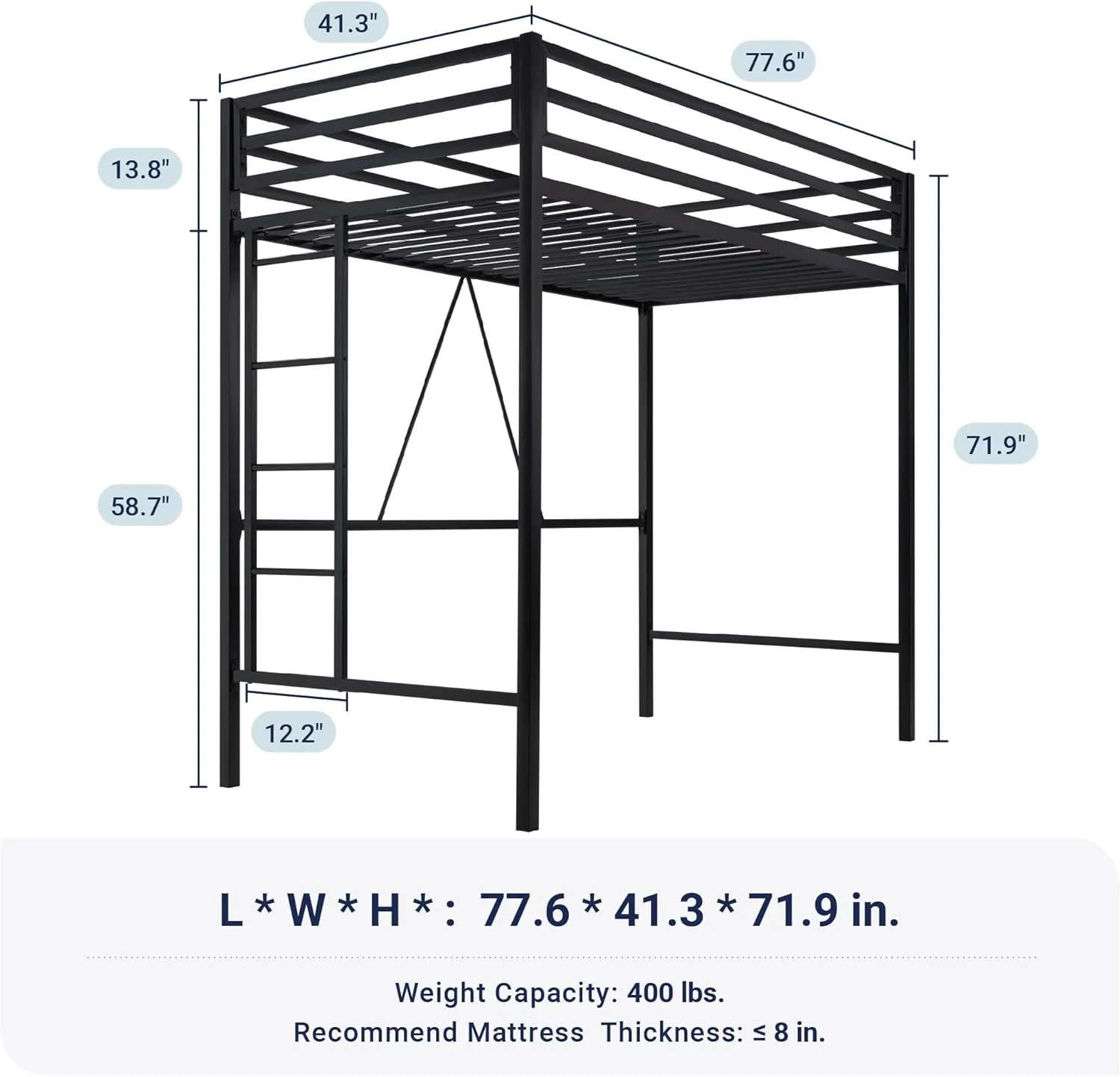 Allewie Metal Loft Bed Twin Size with Guardrail and Ladder, Small Space Saving Design for Bedroom Kid Room and Dorm, No Box Spring Needed, Black