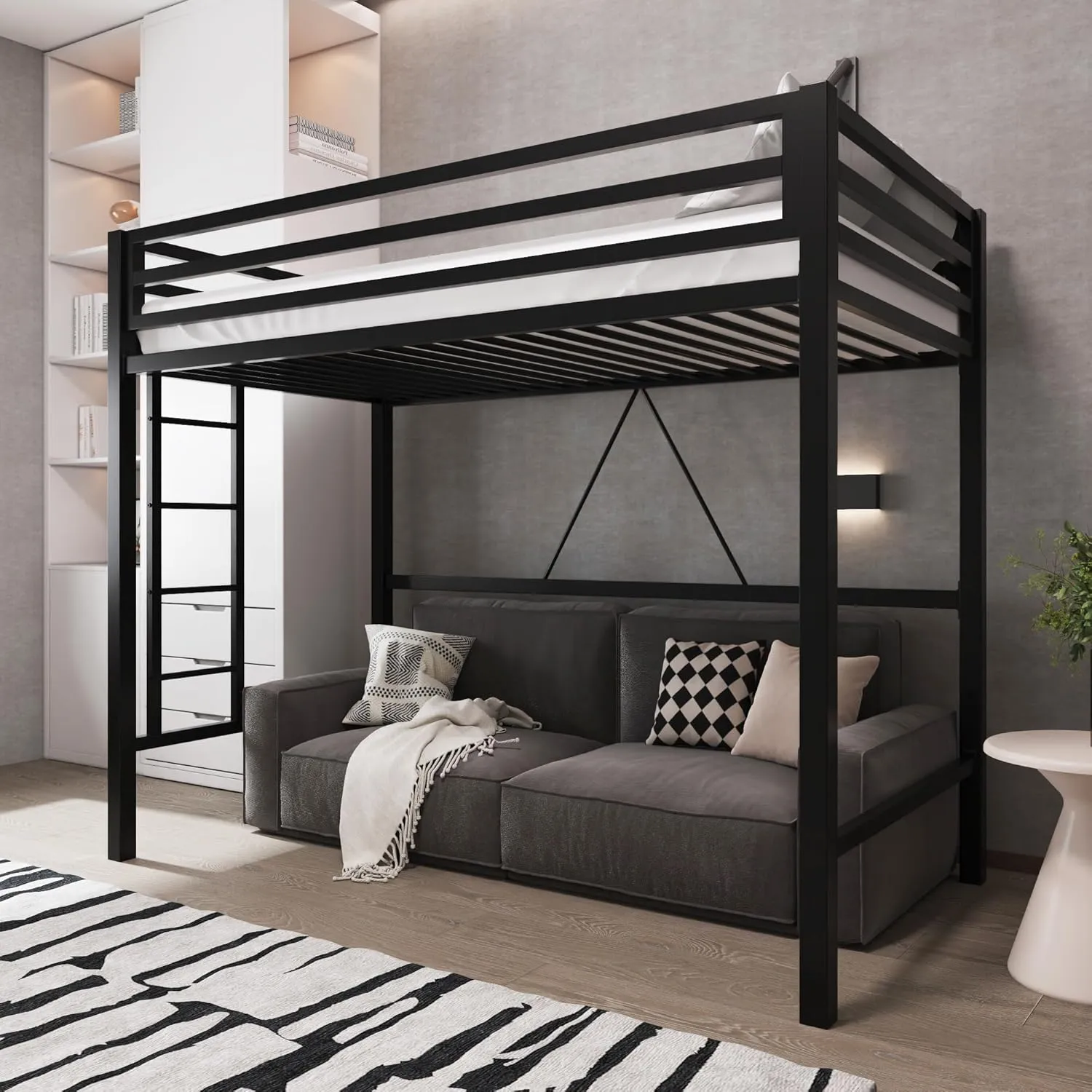 Allewie Metal Loft Bed Twin Size with Guardrail and Ladder, Small Space Saving Design for Bedroom Kid Room and Dorm, No Box Spring Needed, Black