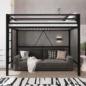 Allewie Metal Loft Bed Twin Size with Guardrail and Ladder, Small Space Saving Design for Bedroom Kid Room and Dorm, No Box Spring Needed, Black