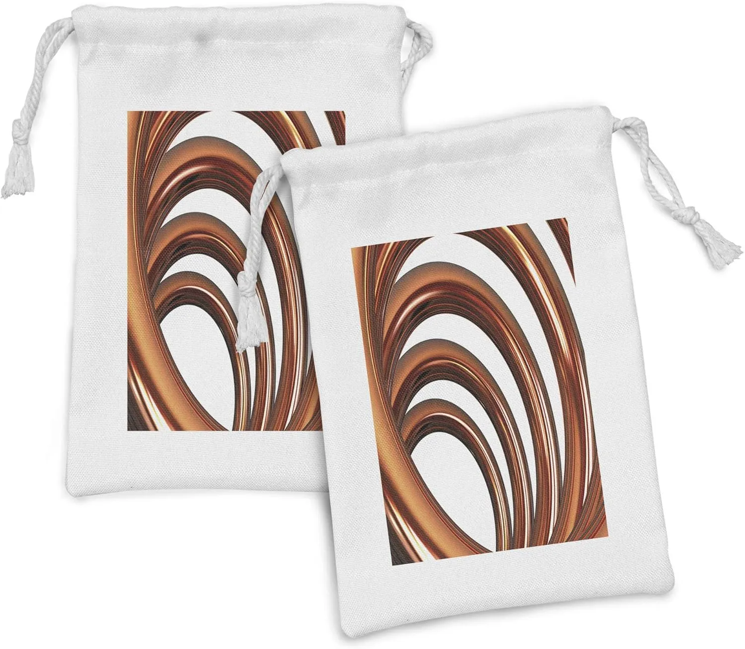 Ambesonne Abstract Fabric Pouch Set of 2, Helix Coil Curved Spiral Swirled Shape on White Backdrop Print, Small Drawstring Bag for Toiletries Masks and Favors, 9" x 6", Dark Orange White