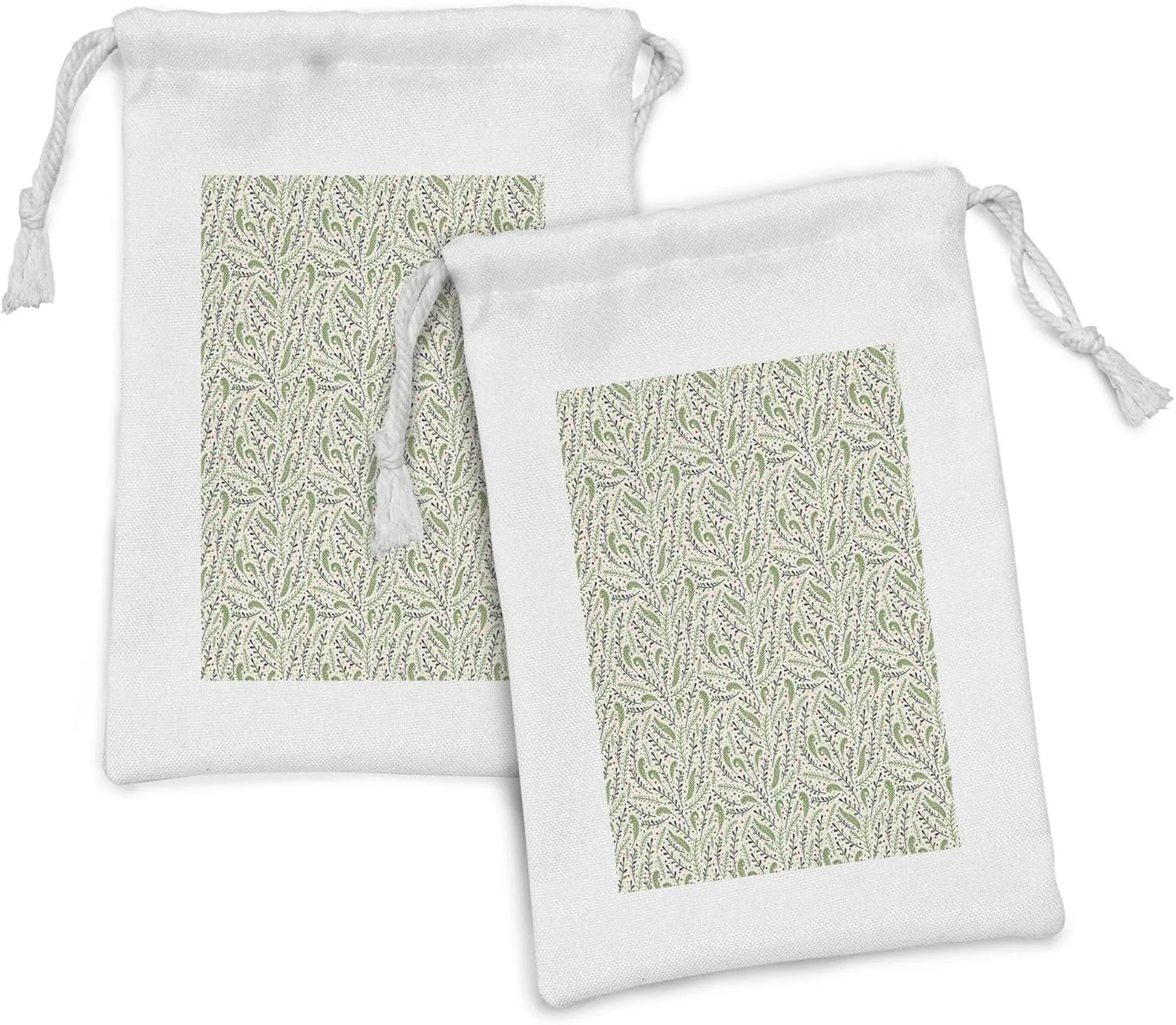 Ambesonne Botanical Fabric Pouch Set of 2, Colorful Leaves and Mother Nature Branches of Curved Bouquets Dots, Small Drawstring Bag for Toiletries Masks and Favors, 9" x 6", Eggshell and Multicolor