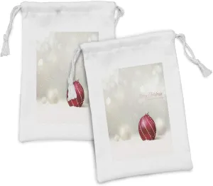 Ambesonne Christmas Fabric Pouch Set of 2, Snow Effect Background Bauble with Curved Lines Xmas Trinket Happy Holidays, Small Drawstring Bag for Toiletries Masks and Favors, 9" x 6", Ruby Eggshell