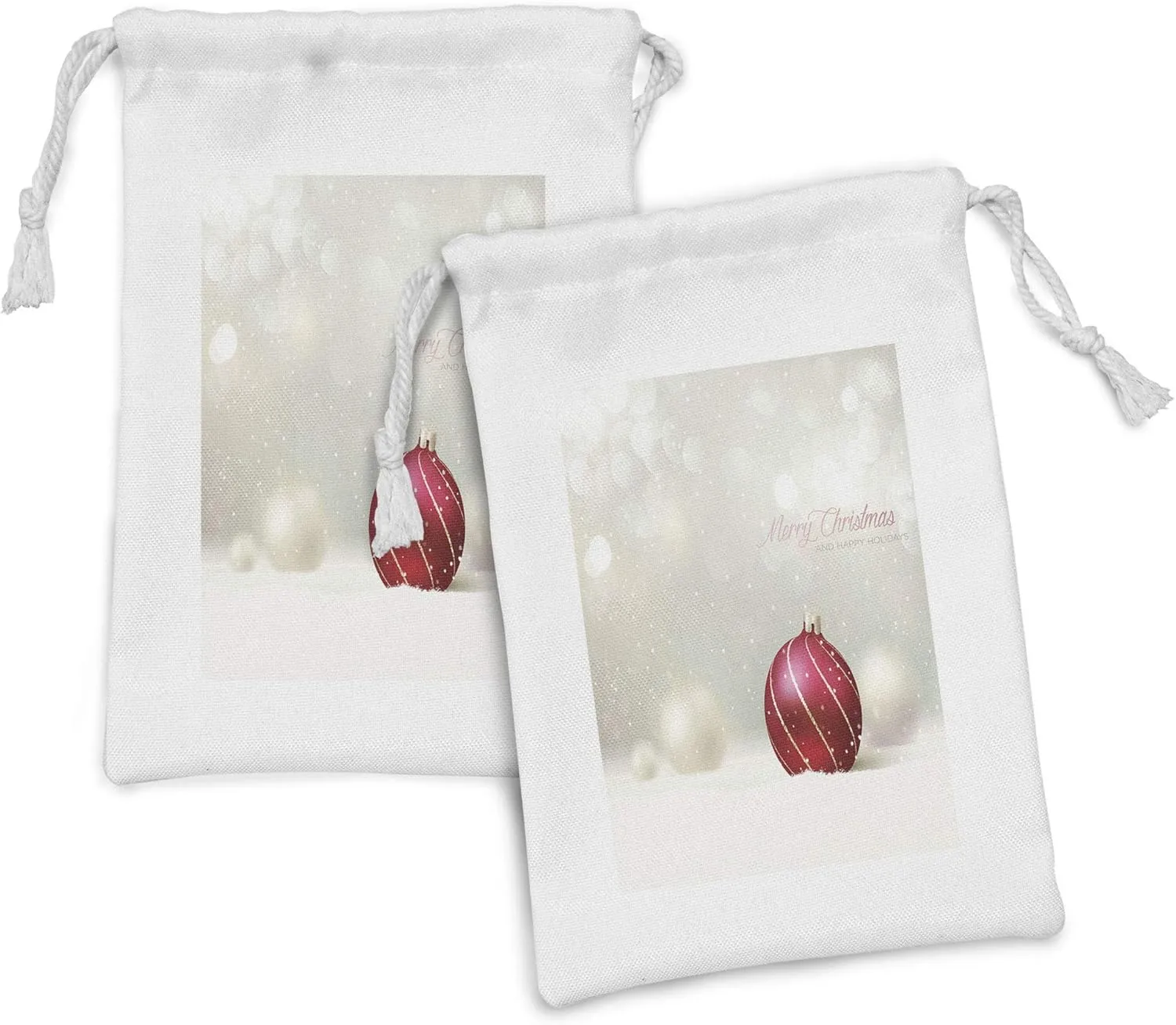 Ambesonne Christmas Fabric Pouch Set of 2, Snow Effect Background Bauble with Curved Lines Xmas Trinket Happy Holidays, Small Drawstring Bag for Toiletries Masks and Favors, 9" x 6", Ruby Eggshell