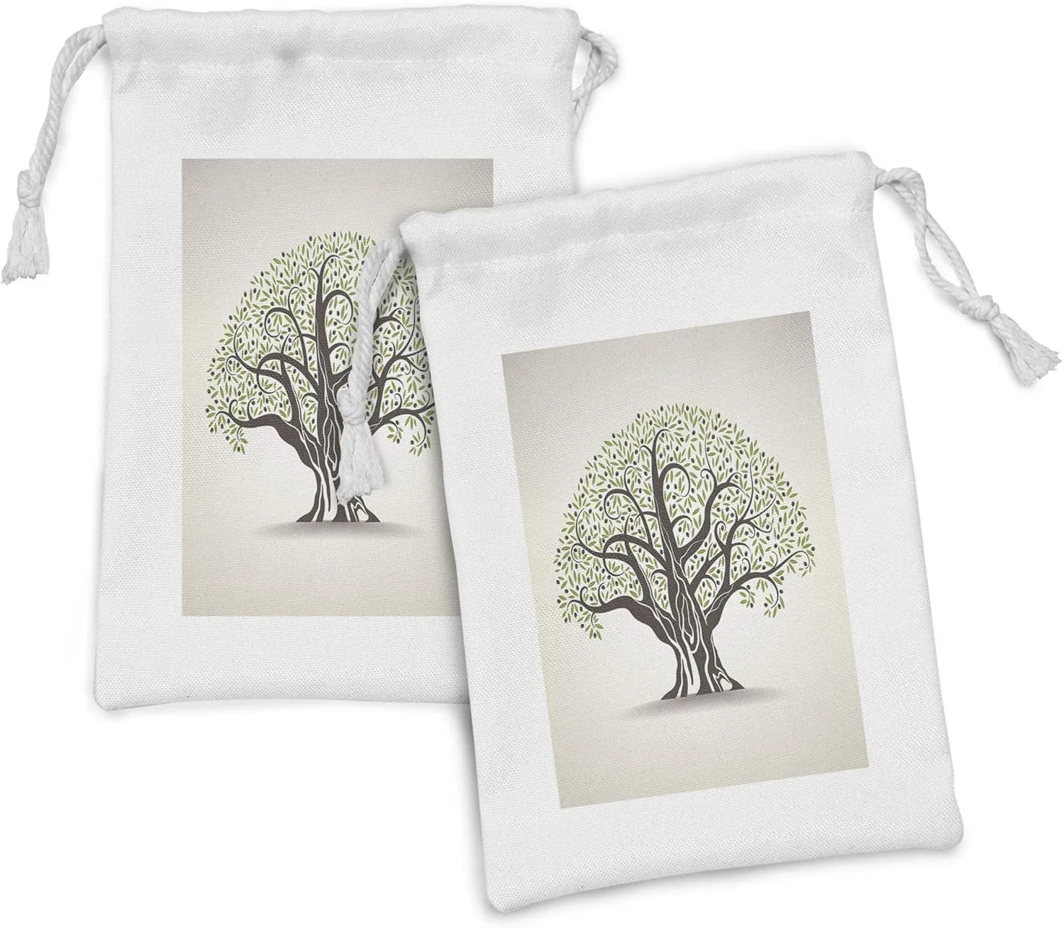 Ambesonne Forest Fabric Pouch Set of 2, Old Tree Along Curved Leaves Woodland Themed Eco Mediterranean Foliage, Small Drawstring Bag for Toiletries Masks and Favors, 9" x 6", Olive Green and Eggshell