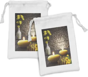 Ambesonne Peace Fabric Pouch Set of 2, Oriental Meditative Candles on a Wooden Board with South East Motifs in Backdrop, Small Drawstring Bag for Toiletries Masks and Favors, 9" x 6", Multicolor