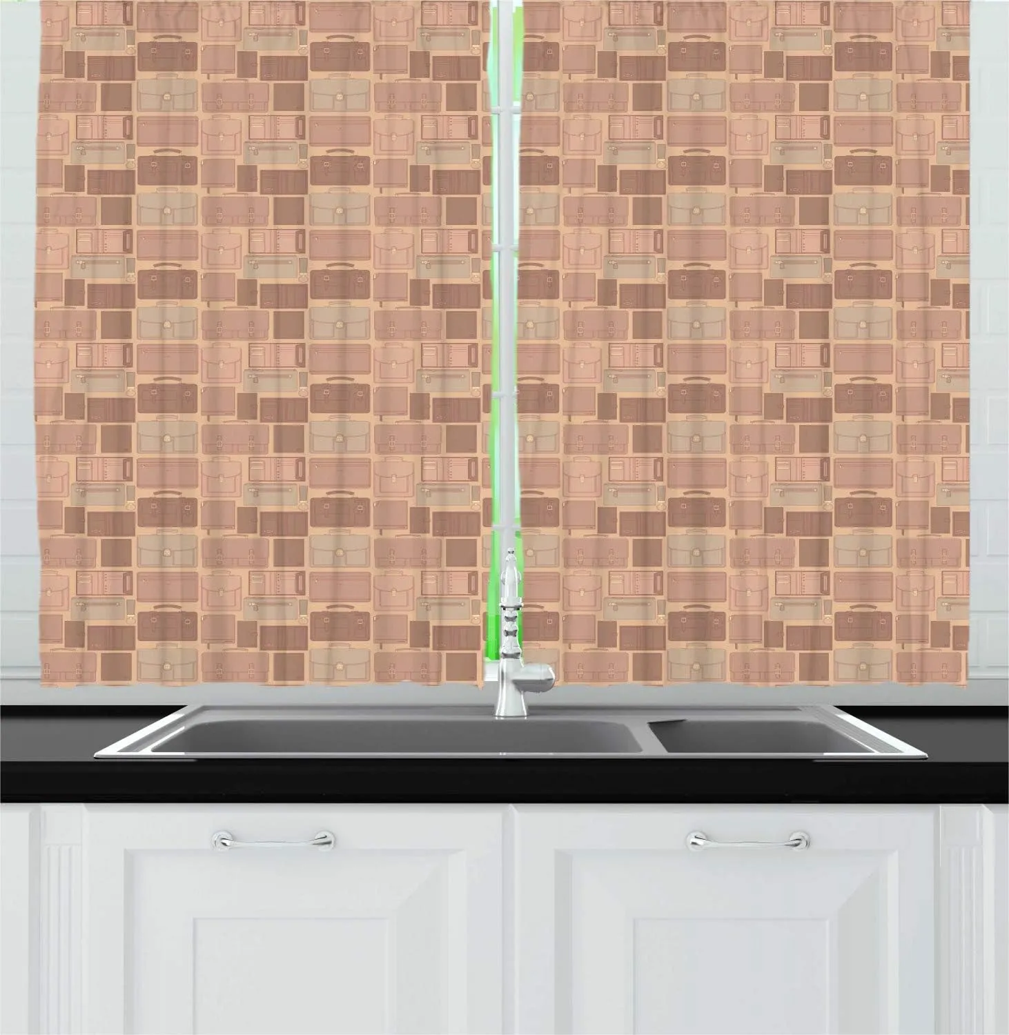 Ambesonne Retro Kitchen Curtains, Travel Work Theme with Leather Bags Accessories Wallet Suitcase Purse, Window Drapes 2 Panel Set for Kitchen Cafe Decor, 55" x 39", Pale Salmon Mauve Taupe