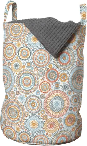 Ambesonne Vintage Laundry Bag, Rhythmic Mandala Motifs Pastel Tones Curved Damask Print on Plain Backdrop, Hamper Basket with Handles Drawstring Closure for Laundromats, 13" x 19", Multicolor