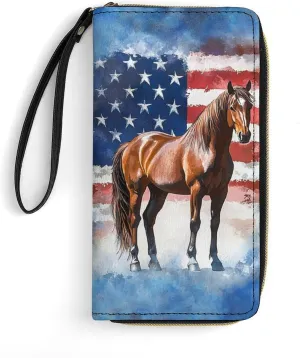 American Flag Horse Wristlet Wallets for Women Clutch Purses Holiday Gifts Long Wallets Zipper Around Travel Money Bag Cash Storage Card Holder Coin Phone Purse