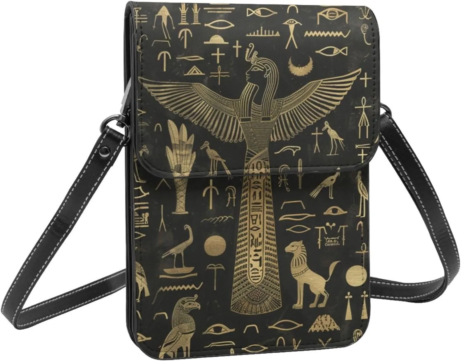 Ancient egyptian hieroglyphs gold black crossbody cell phone purse for womens lightweight small soft leather fashion travel wallet with adjustable strap