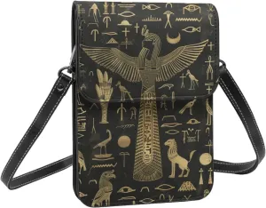 Ancient egyptian hieroglyphs gold black crossbody cell phone purse for womens lightweight small soft leather fashion travel wallet with adjustable strap