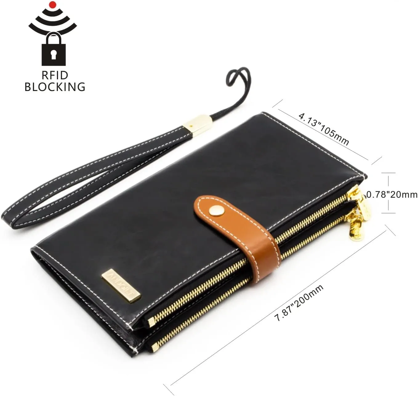ANDOILT Wallet Women Men RFID Blocking Genuine Leather Bifold Multi Card Organizer Wristlet Purse with Zipper Pocket Cell Phone Handbag Black