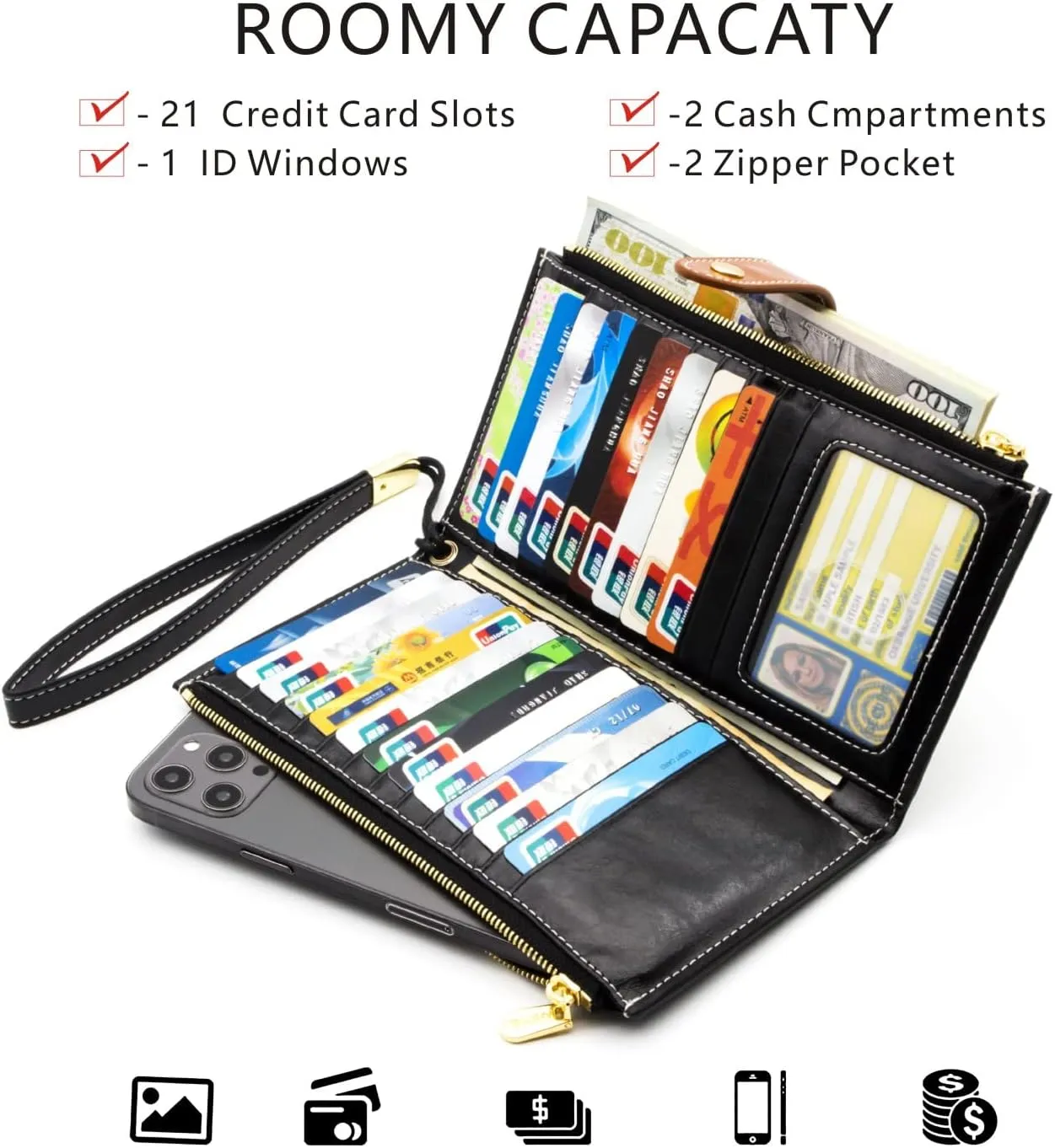 ANDOILT Wallet Women Men RFID Blocking Genuine Leather Bifold Multi Card Organizer Wristlet Purse with Zipper Pocket Cell Phone Handbag Black