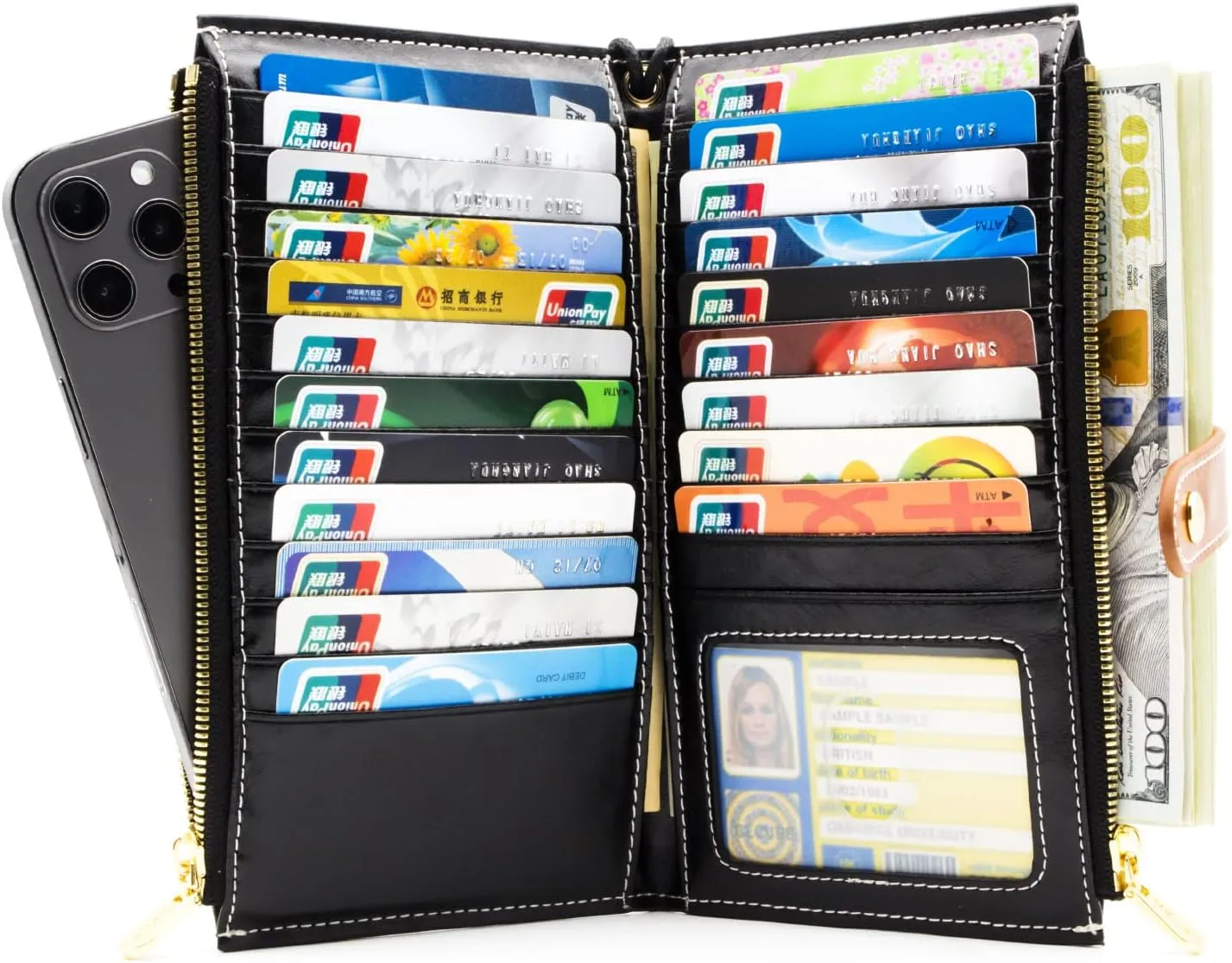 ANDOILT Wallet Women Men RFID Blocking Genuine Leather Bifold Multi Card Organizer Wristlet Purse with Zipper Pocket Cell Phone Handbag Black