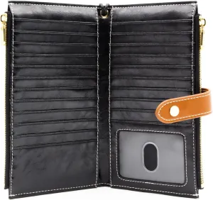 ANDOILT Wallet Women Men RFID Blocking Genuine Leather Bifold Multi Card Organizer Wristlet Purse with Zipper Pocket Cell Phone Handbag Black